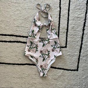 H & M Pink Floral Cutout Halter One Piece Swimsuit